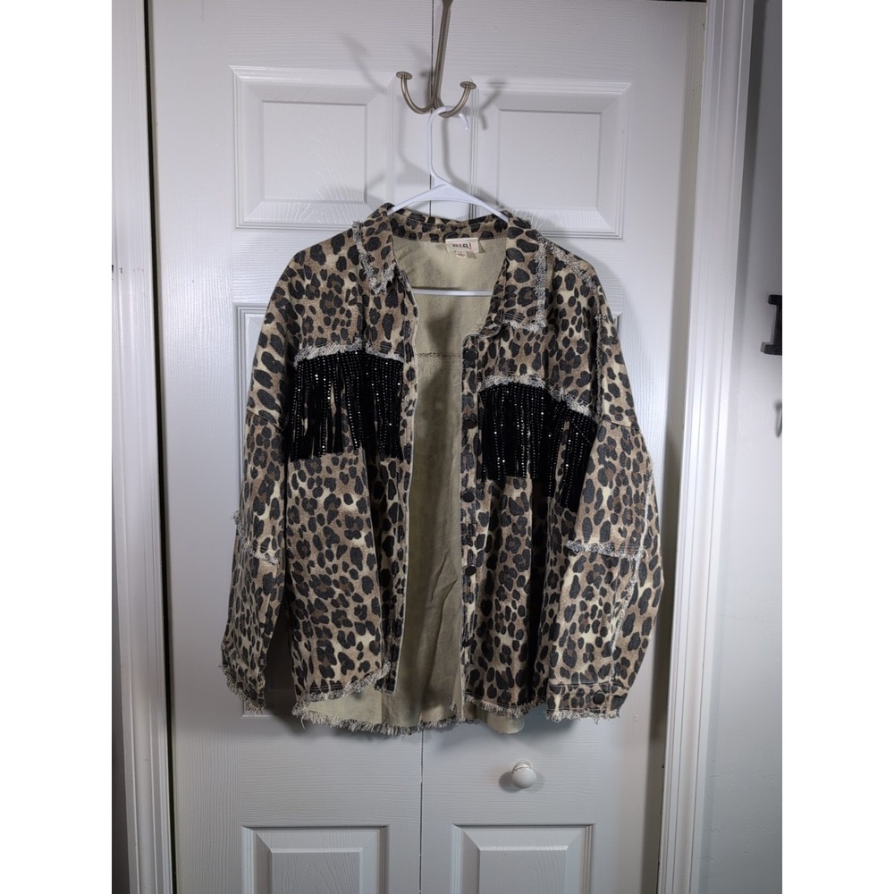 Bibi Leopard Print Denim Shacket Jacket w/ Black Fringe Rhinestone Accents Large